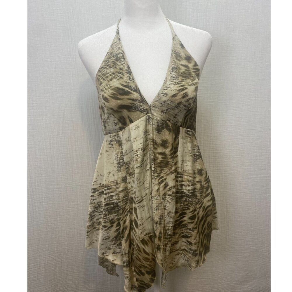 Silence & Noise Babydoll Blouse Women Sz M Brown Green Halter Asymmetric Y2K